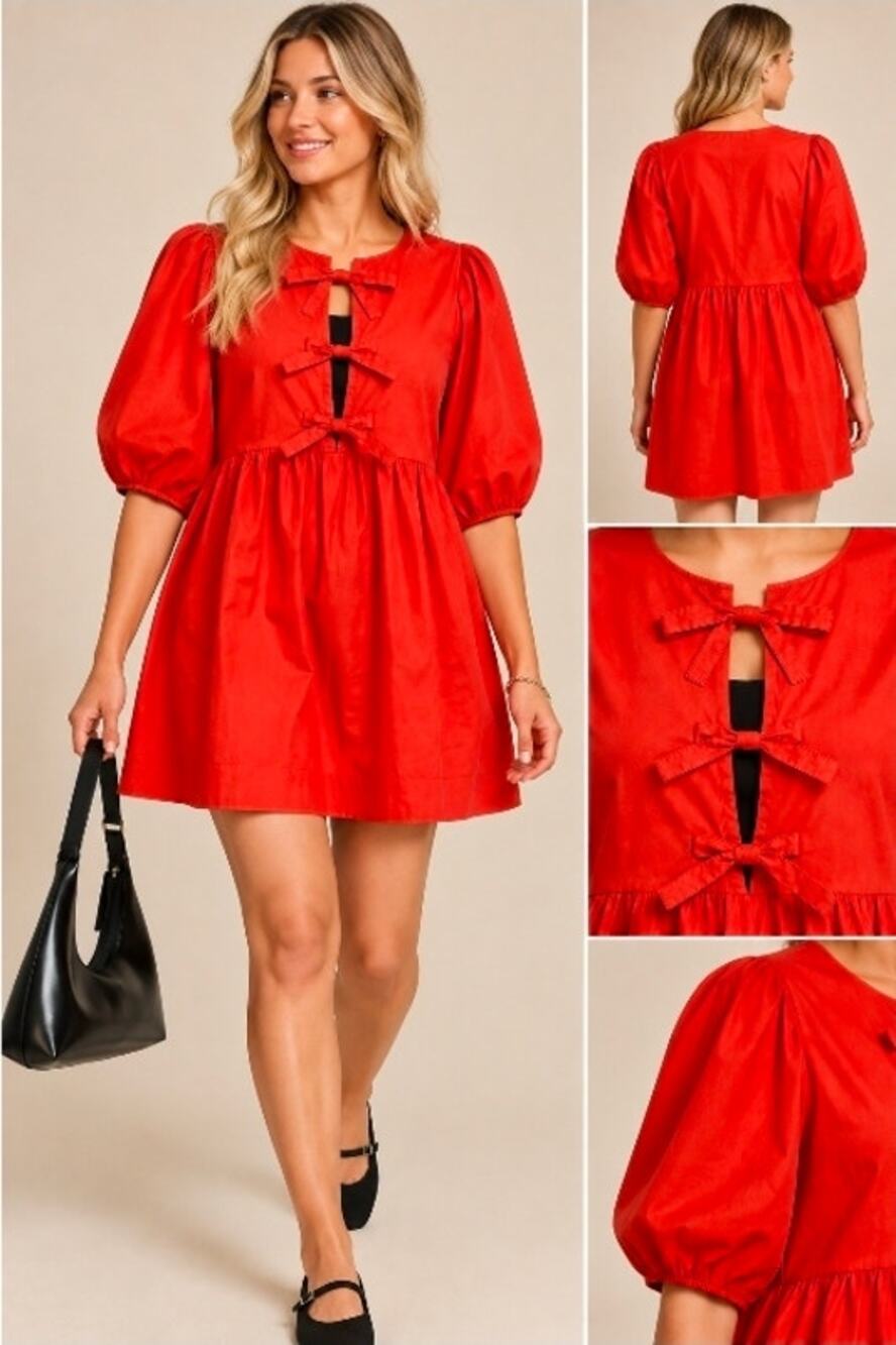 NWT Band of the Free Dress M Flame Scarlet Red Bow Front Babydoll Puff Sleeve